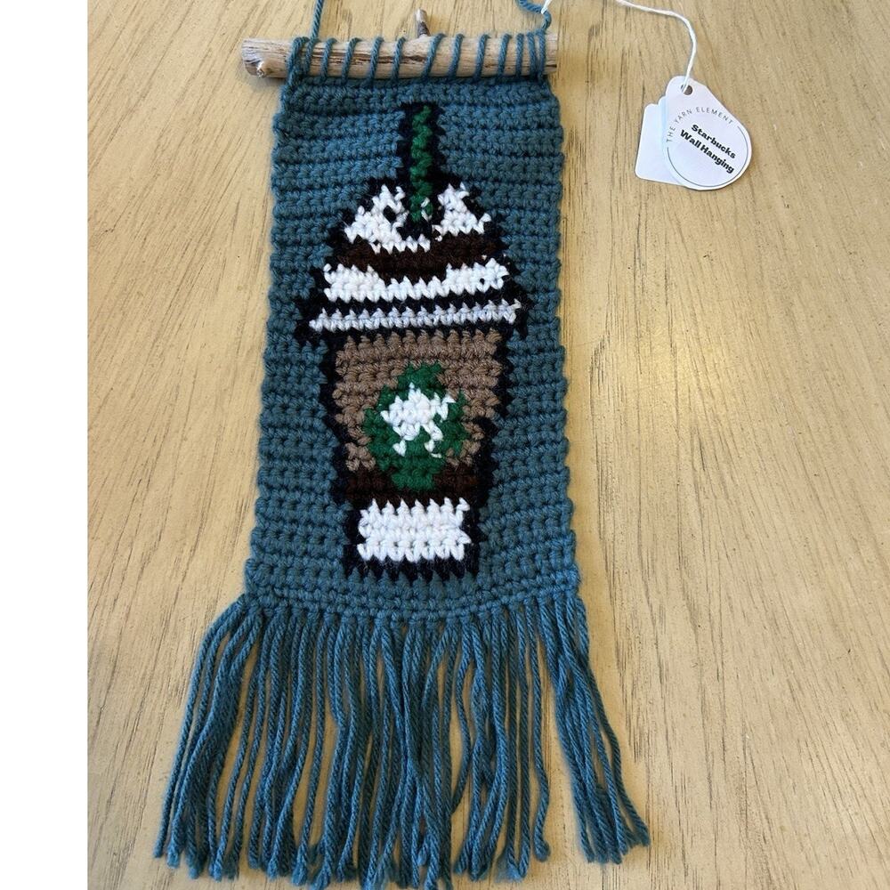 handmade crochet Starbucks wall hanging iced coffee Frappuccino Retro Boho NEW